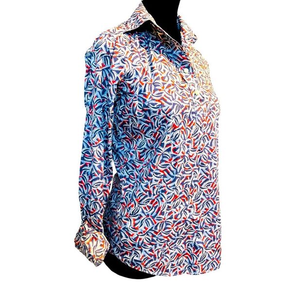 Ann Mashburn Tomboy Blue Floral Popover Shirt Size Small Blue Red Preppy Top - Picture 1 of 6